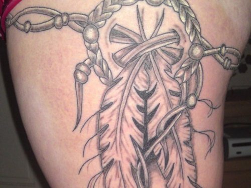 Grey Ink Dreamcatcher Tattoo On Side Thigh